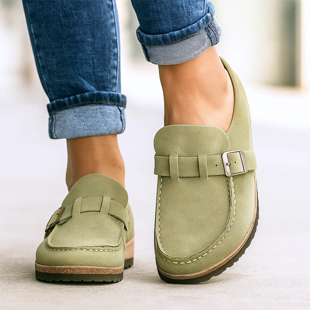 Marbella – Suede Buckle Comfort Clogs