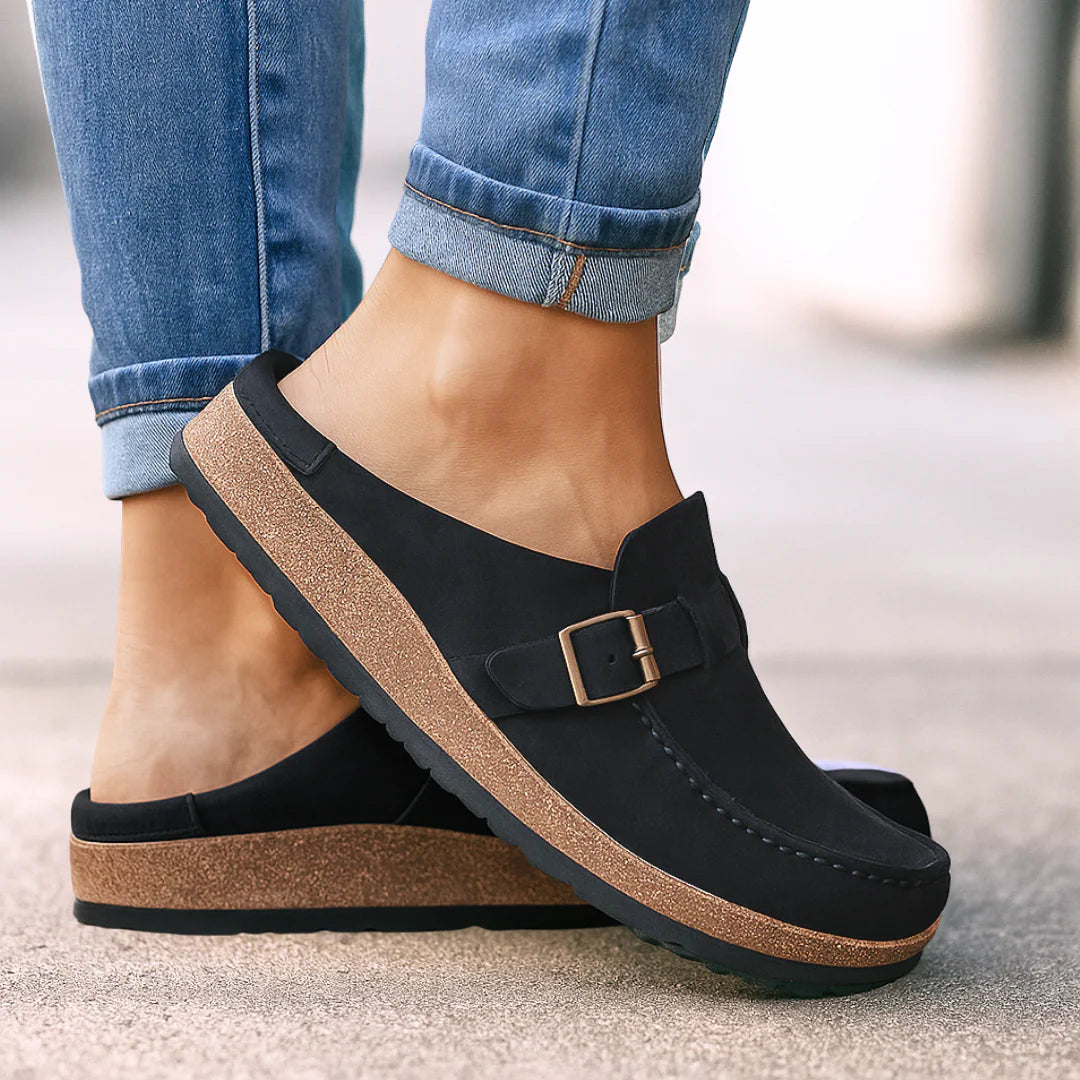 Marbella – Suede Buckle Comfort Clogs